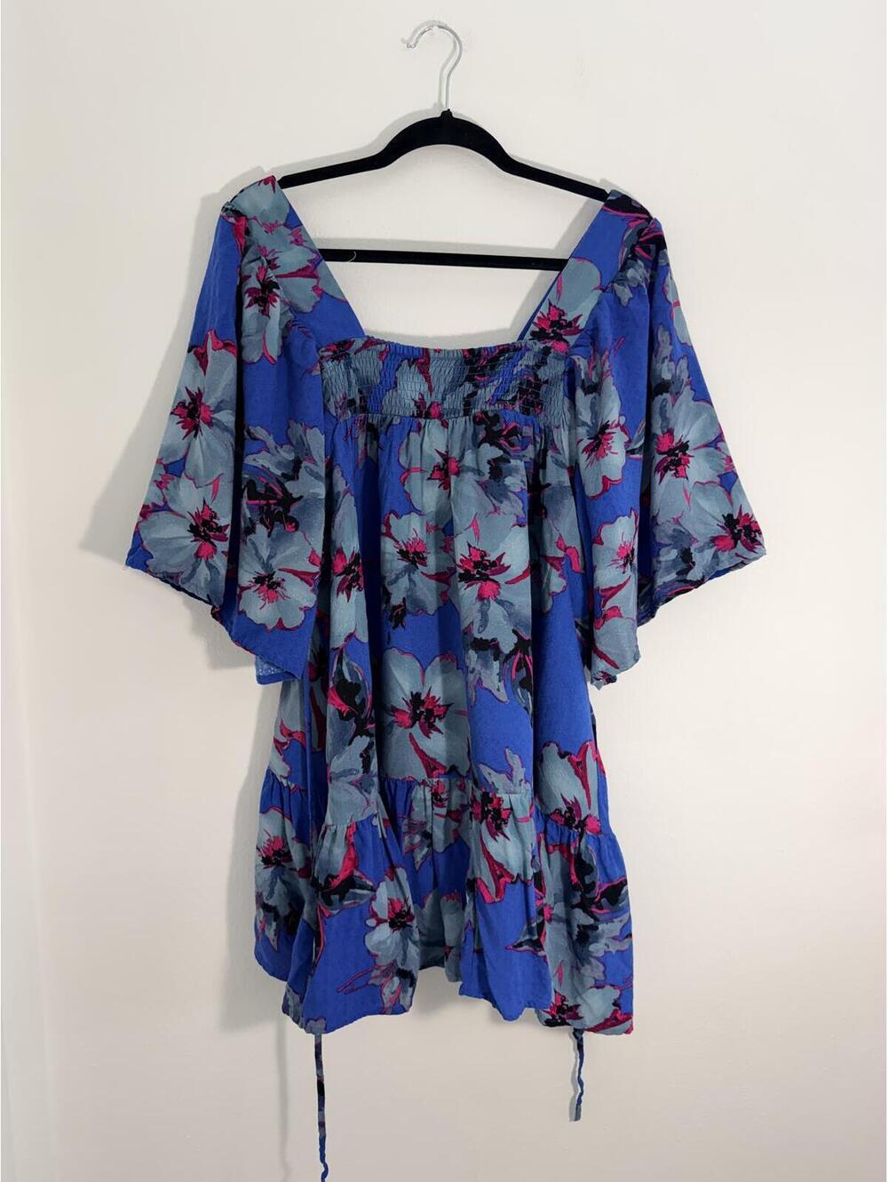 Band of the Free Blue Floral Off Shoulder Bell Sleeve Mini Dress Boho Festival